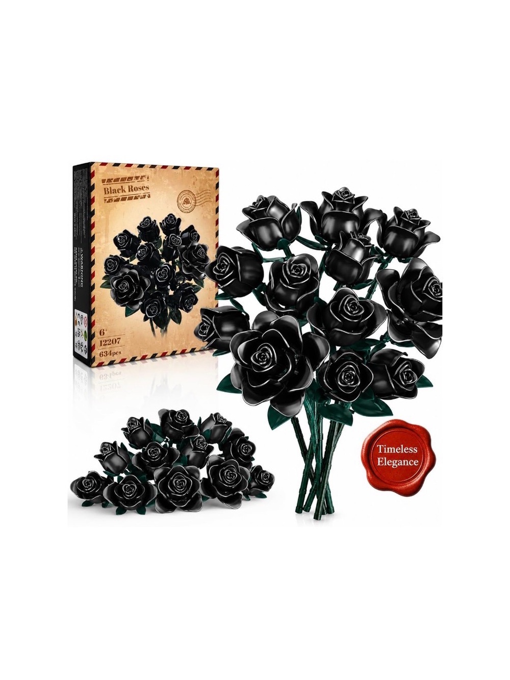 Black Roses Bouquet Building Blocks, 634Pcs  Roses DIY Floral Home Office